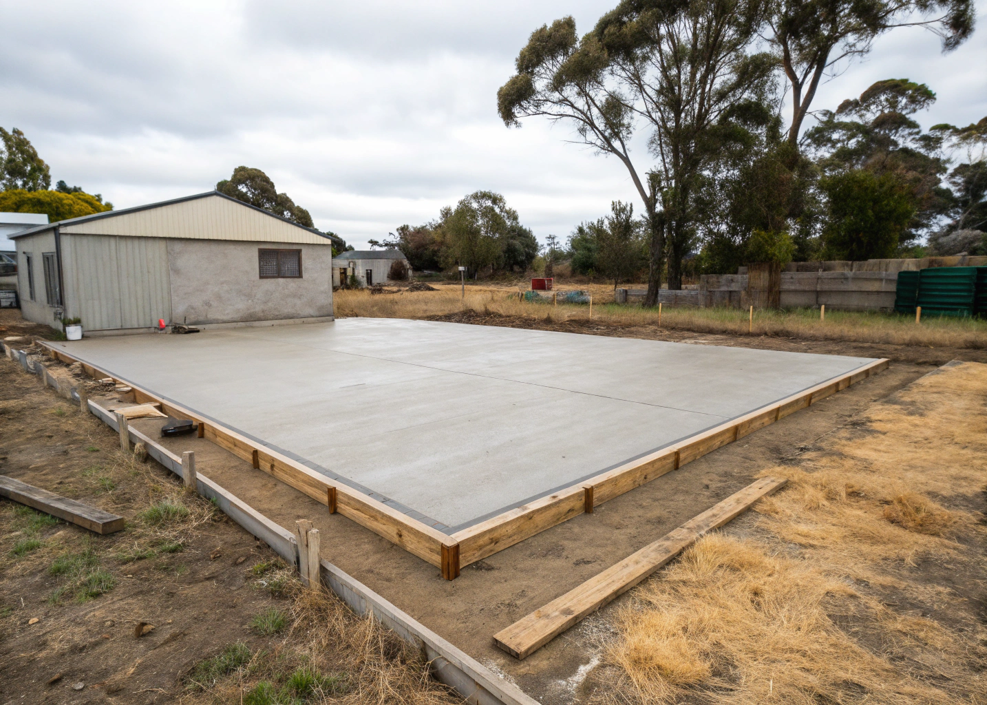 freshly poured shed slab installation Bendigo residential property