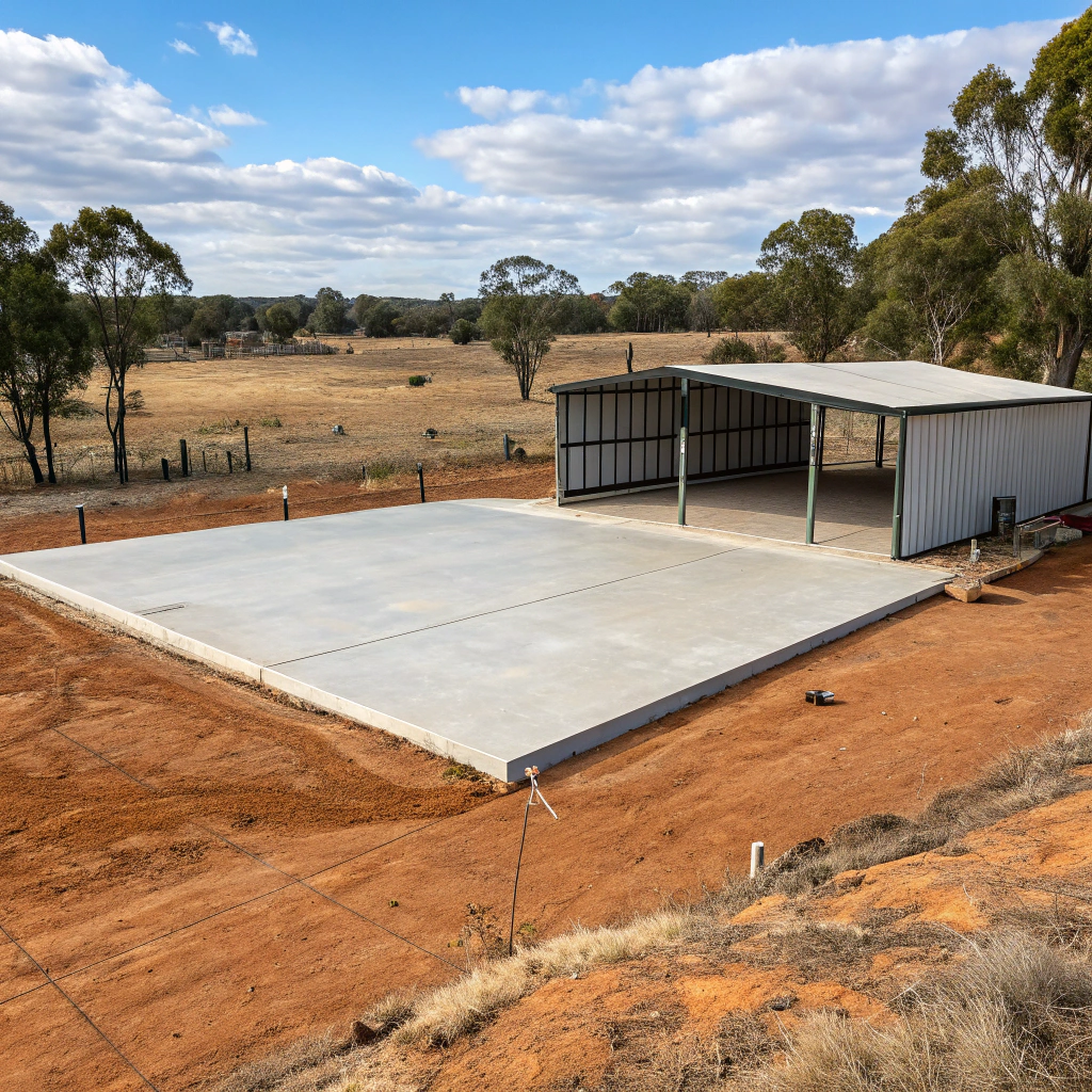 completed workshop shed slab Bendigo rural property large concrete base