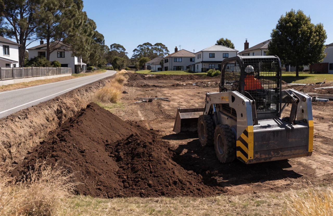 Topsoil stripping and stockpiling during residential site preparation in central Victoria