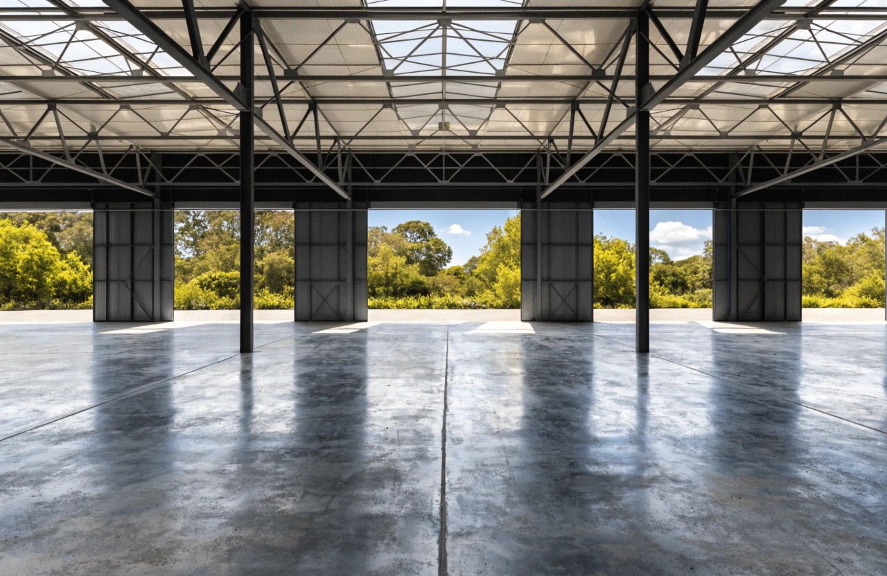 Completed commercial concrete floor slab in a Bendigo industrial warehouse