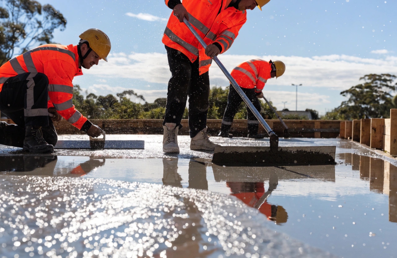Concrete workers screeding a freshly poured ready mix concrete slab on a Bendigo residential site