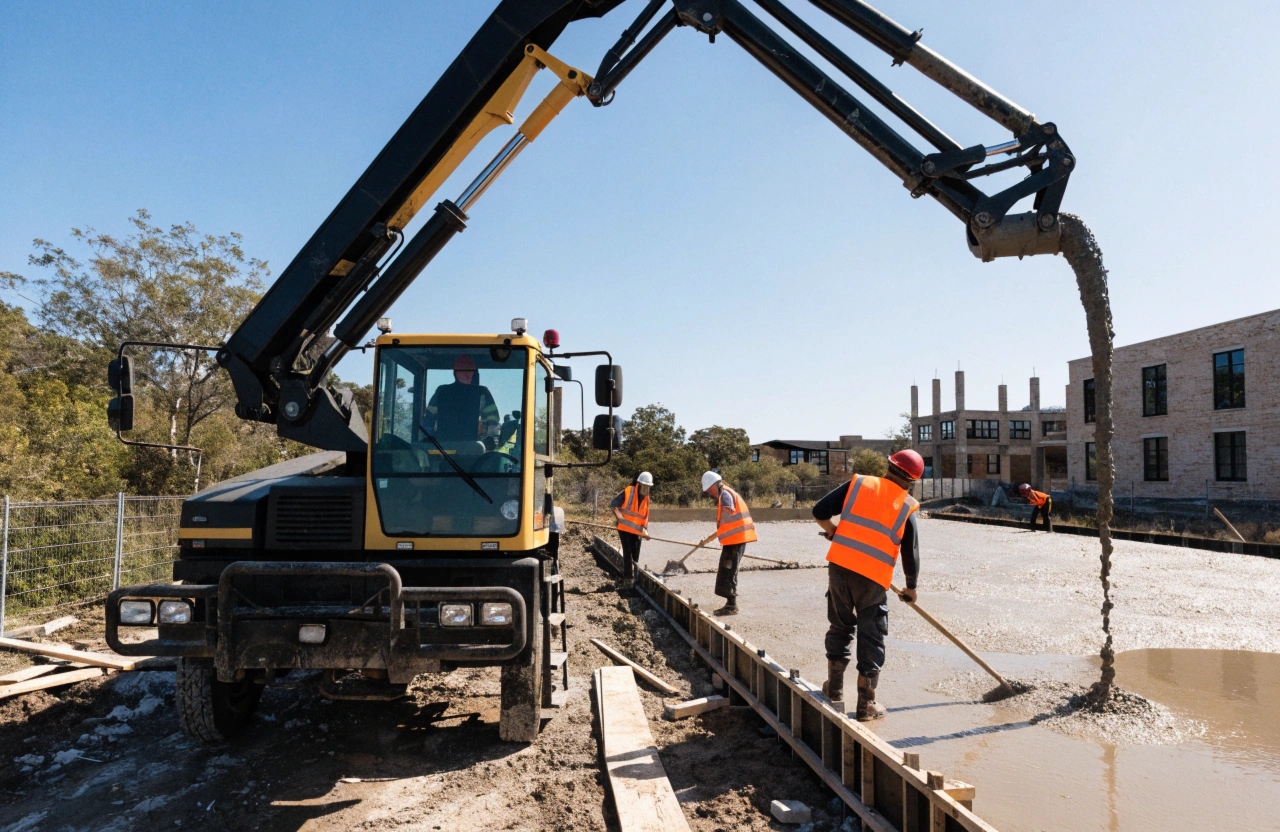 Concrete pump coordinating bulk concrete placement on a large house slab pour in Bendigo