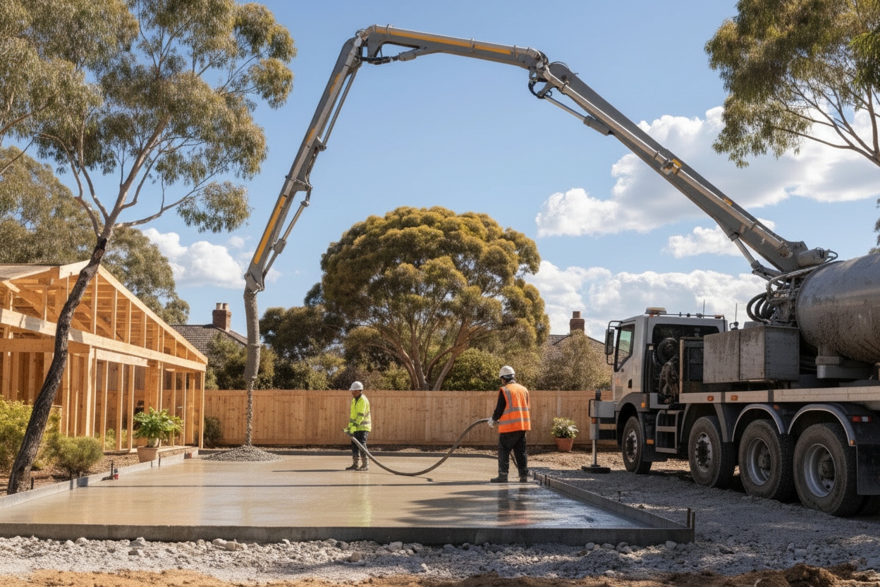 Concrete pump truck delivering concrete to a backyard pour at a Bendigo property
