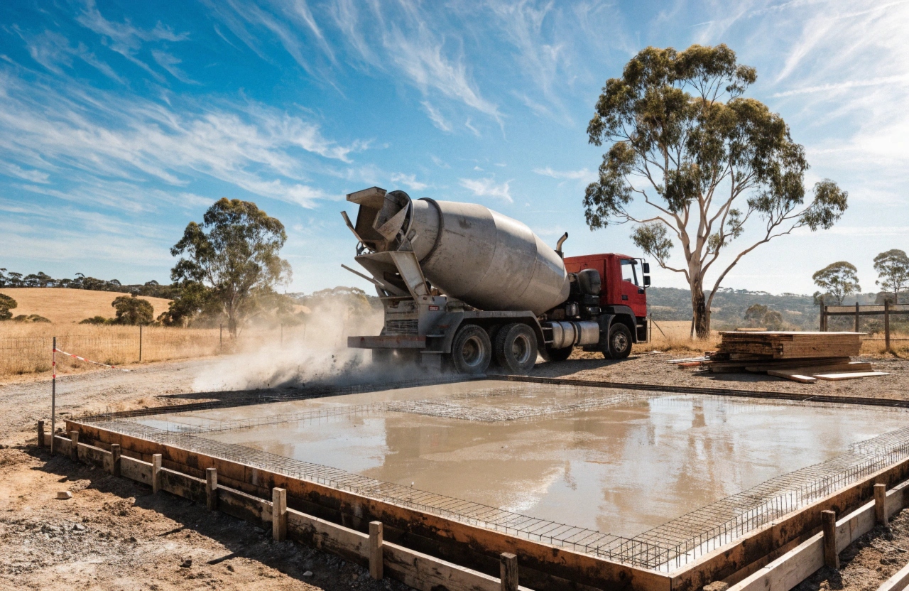 Ready mix concrete truck delivering to a residential house slab site in Bendigo