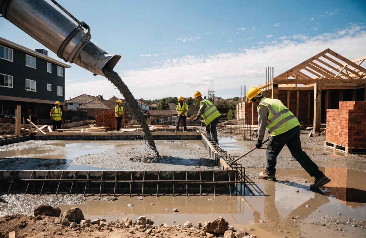 Ready mix concrete being poured from delivery truck into house slab formwork