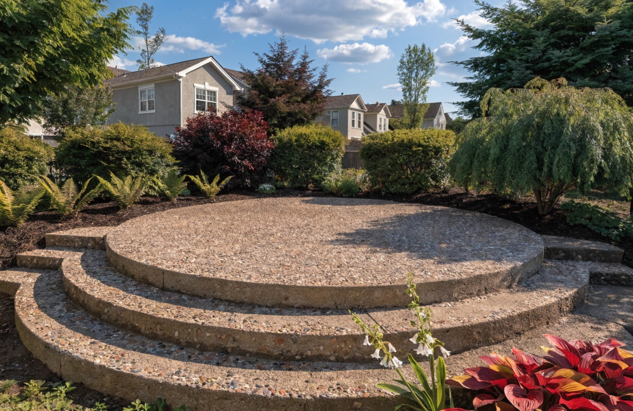 Exposed aggregate concrete patio slab in Bendigo backyard with garden surrounds