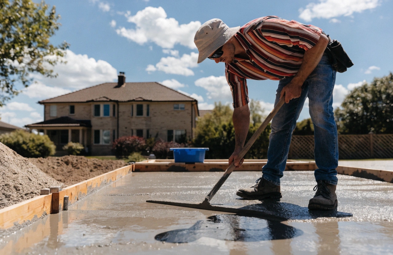 Concreter screeding a freshly poured residential concrete slab in Bendigo