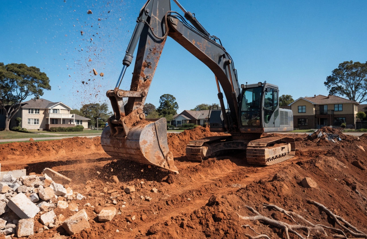 Excavator clearing and levelling a residential block for site preparation in Bendigo