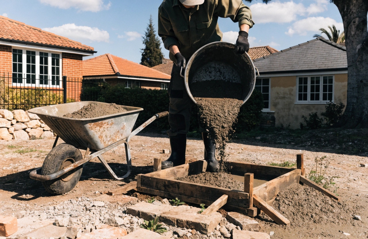 Small concrete shed base being poured from premix concrete in an Australian backyard