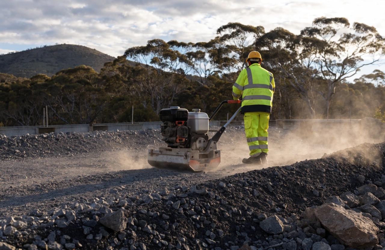 Sub-base compaction with vibrating plate compactor during site preparation for a new home build