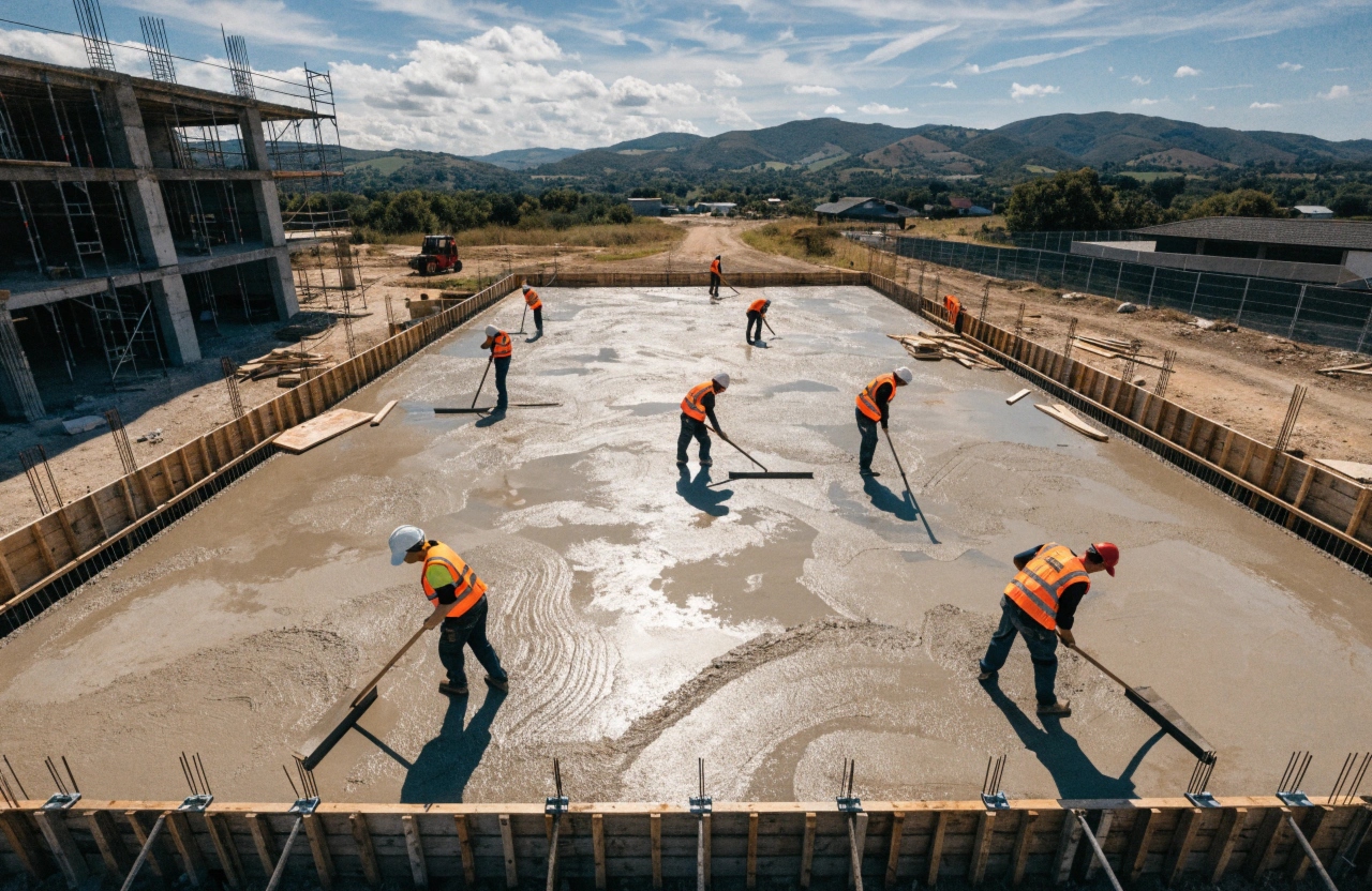 Large volume commercial concrete floor slab being poured and finished in Bendigo