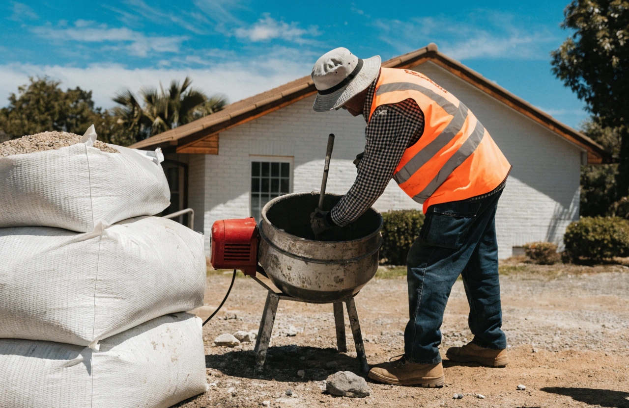 Tradie mixing premix concrete on site at a Bendigo residential property