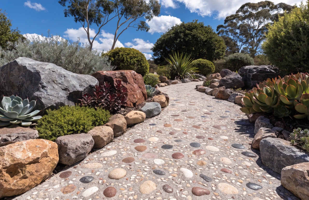 Exposed aggregate concrete garden path through a landscaped Australian backyard