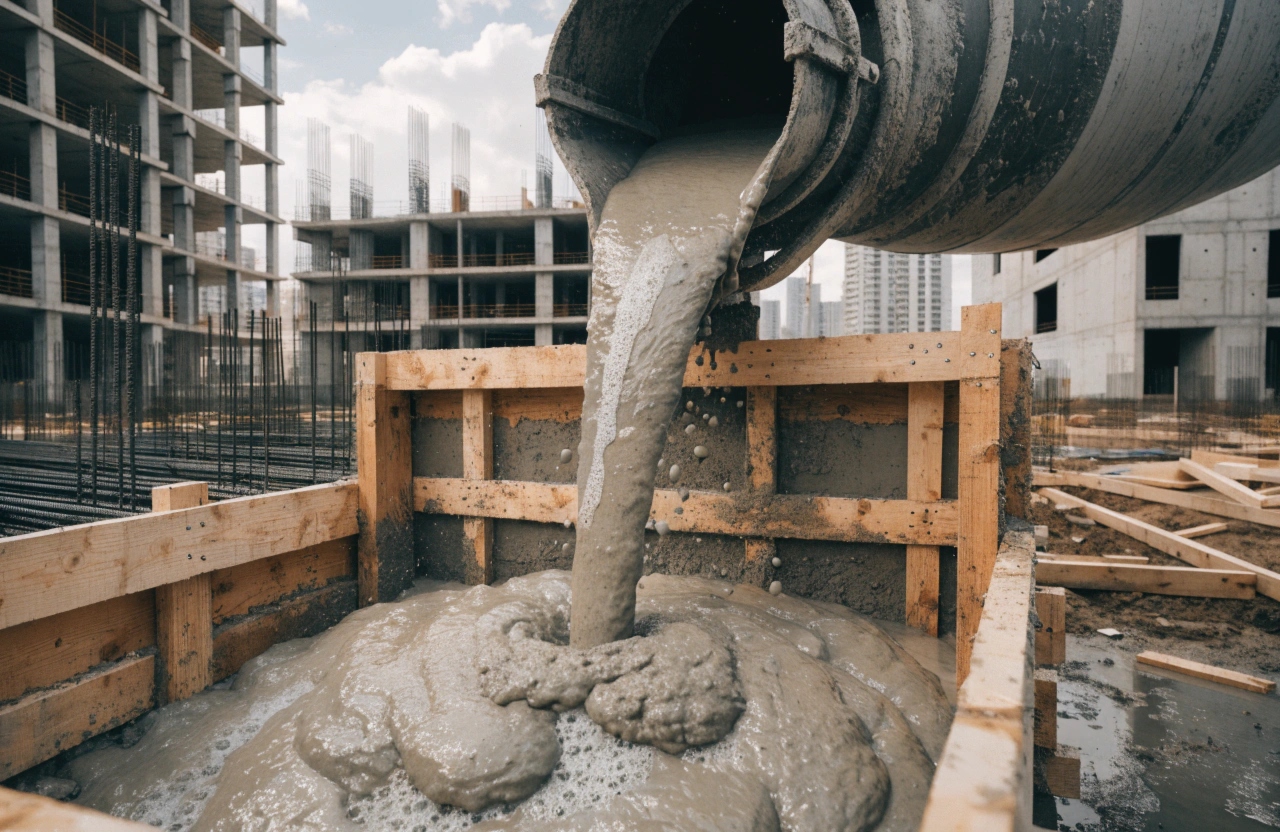 Ready mix concrete being discharged from a transit mixer chute into formwork on a construction site