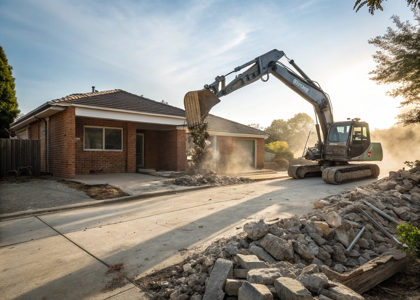 Excavator-mounted rock breaker demolishing concrete driveway Bendigo residential site
