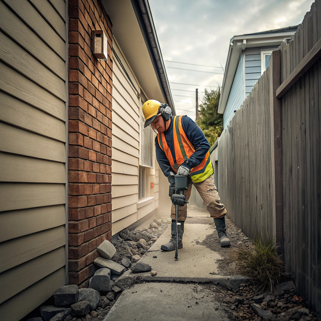 Worker using jackhammer for concrete breaking in confined residential space Bendigo