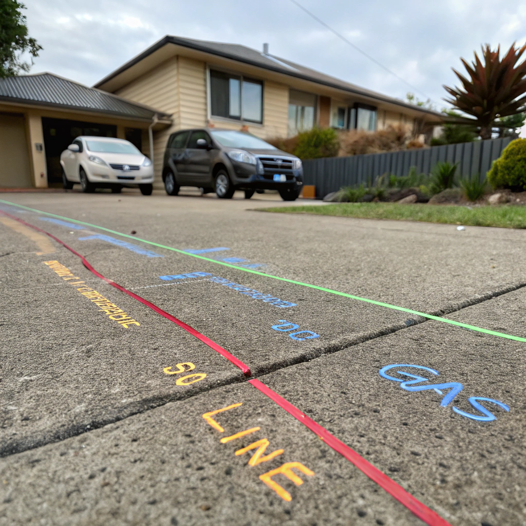 Underground service marking on concrete driveway before demolition Bendigo