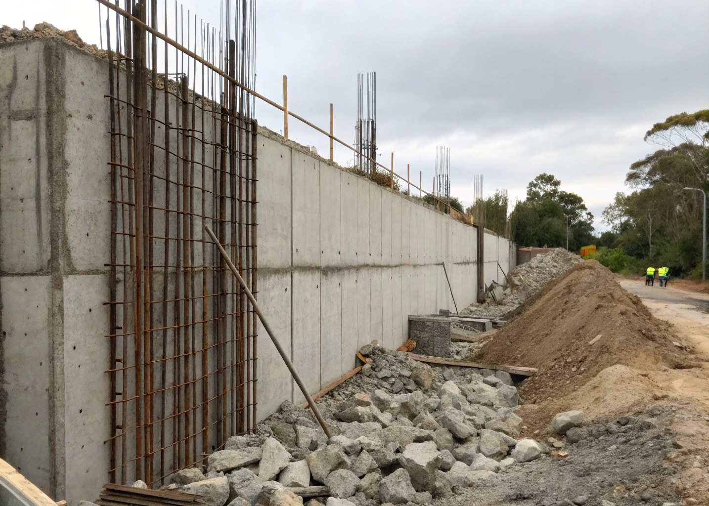 Progressive concrete structure demolition showing partially demolished reinforced concrete wall with steel reinforcement exposed