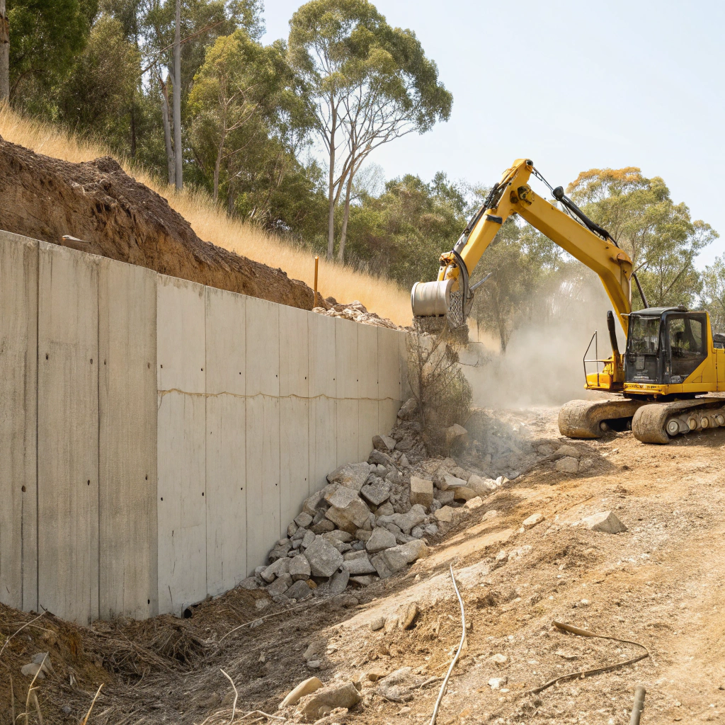Excavator-mounted hydraulic breaker demolishing a reinforced concrete retaining wall on a residential property in Bendigo