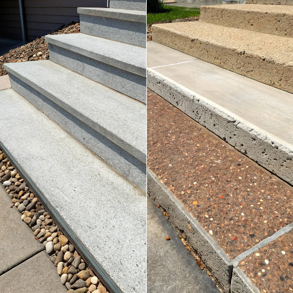 Three concrete step finish types side by side — broom, exposed aggregate, and coloured concrete