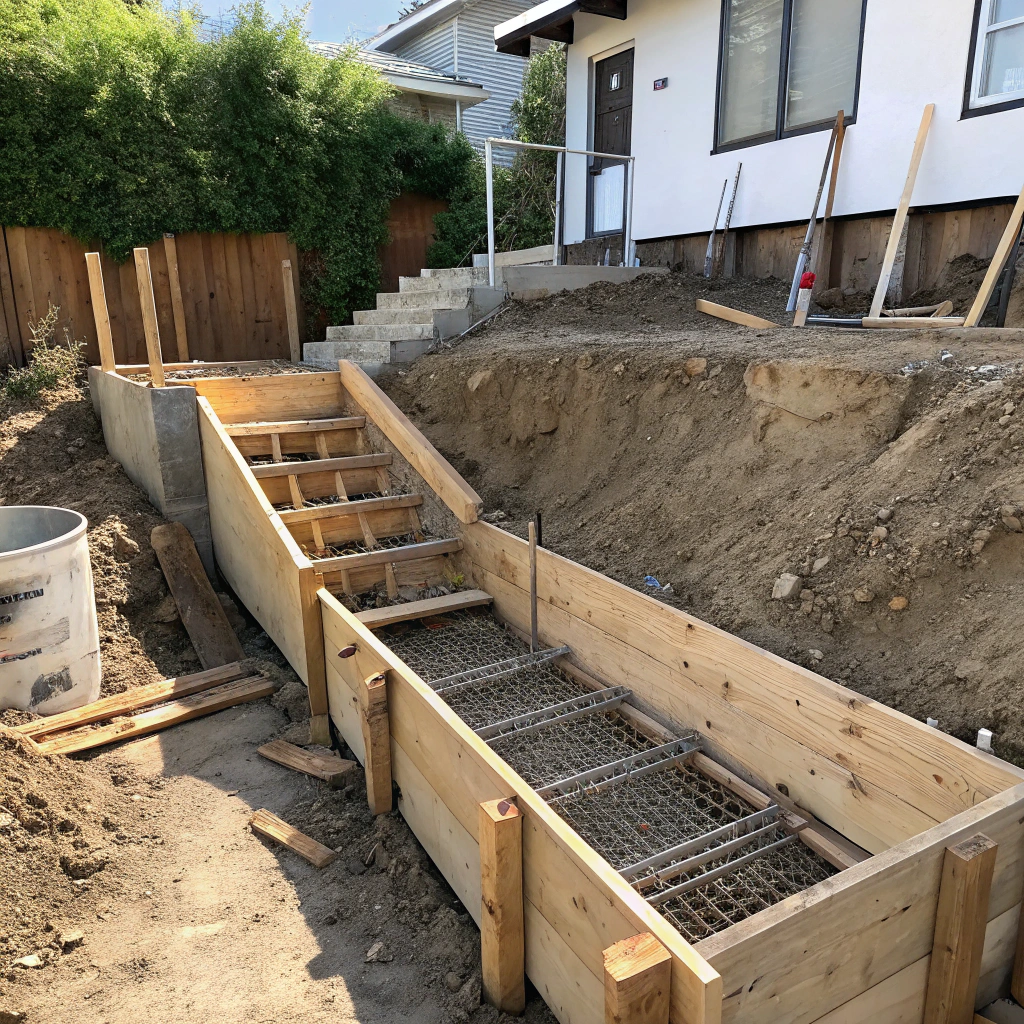 Timber formwork and steel reinforcement in place before concrete step pour