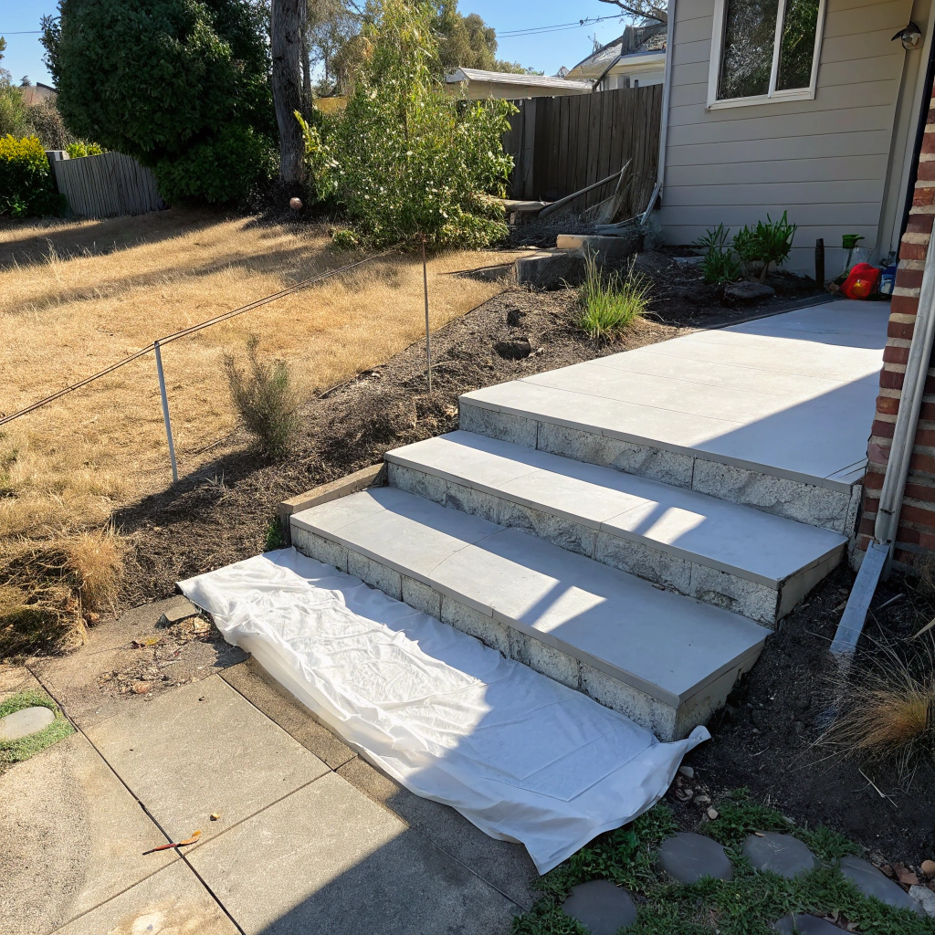 Freshly poured concrete steps covered with curing blanket in Australian summer conditions