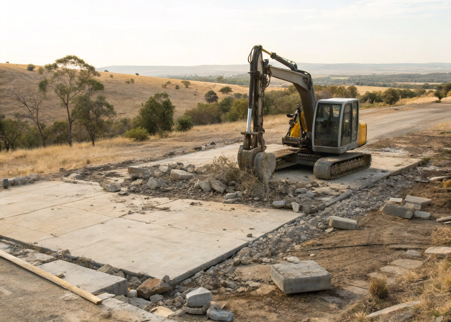 Excavator with rock breaker attachment demolishing a large concrete slab on a Bendigo residential site