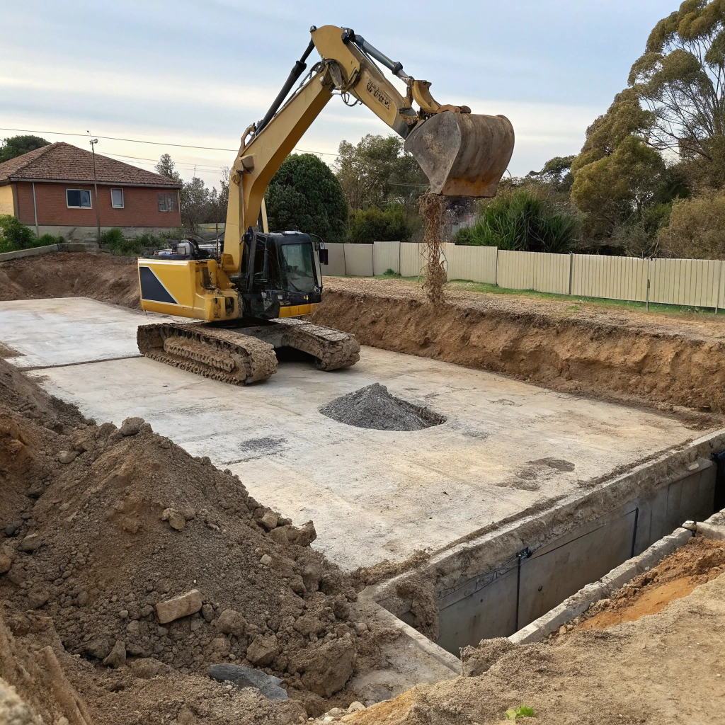 Hydraulic excavator removing concrete footing and foundation elements during a site redevelopment in Bendigo