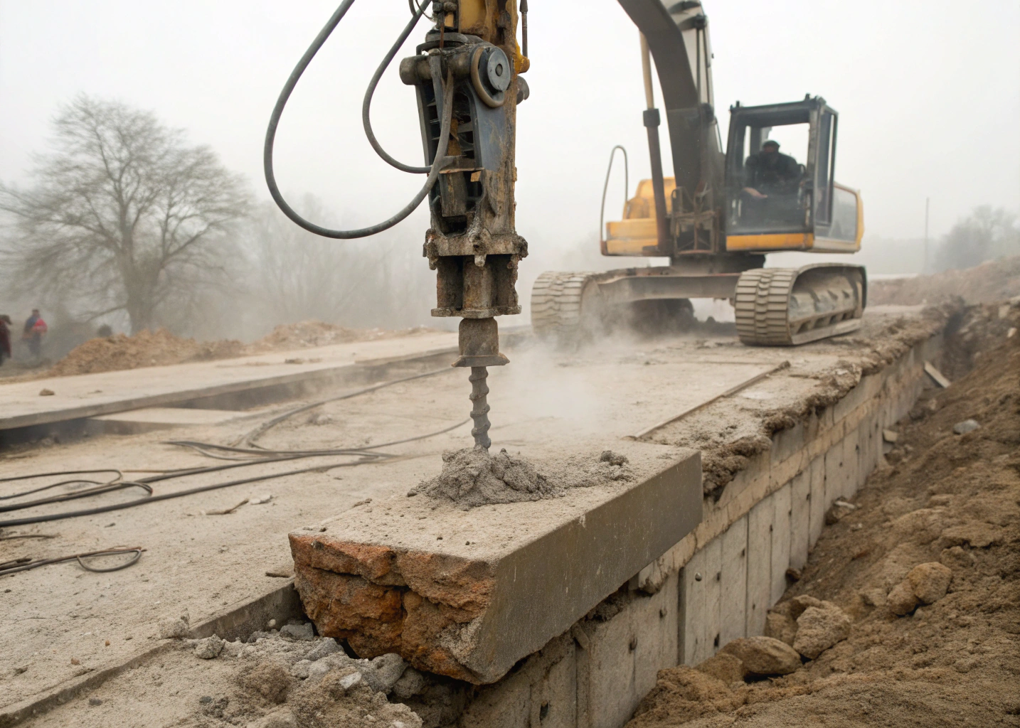 Hydraulic breaker excavator attachment breaking reinforced concrete slab Bendigo
