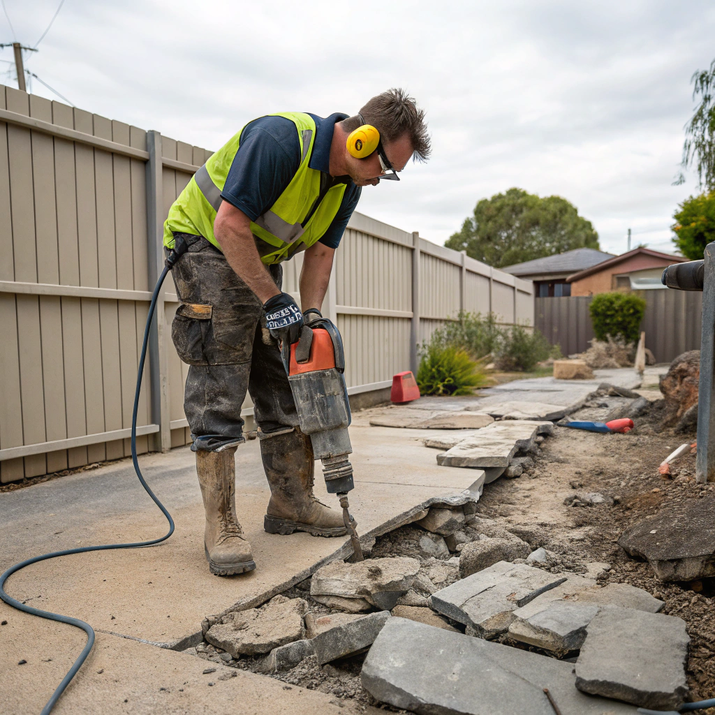 Tradie using a jackhammer to break up a concrete slab on a residential property in Bendigo