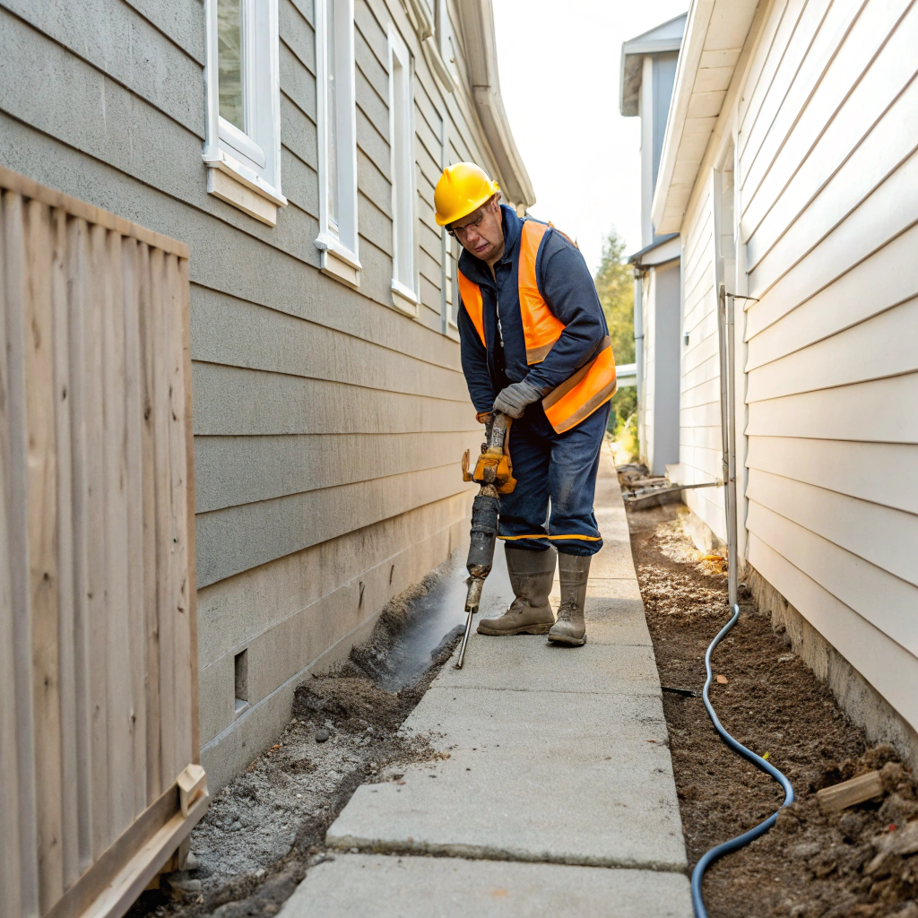 Worker using electric jackhammer to break concrete in confined residential side access Bendigo